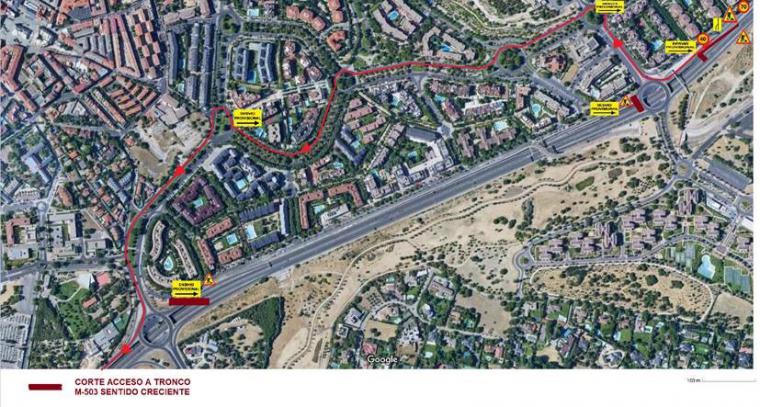 El Ayuntamiento informa de un nuevo corte de tráfico en el tramo de la M-503 entre las rotondas de Av. Pablo VI y la de Ctra. de Húmera por la colocación de la nueva pasarela