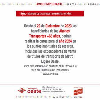 Metro Ligero Oeste inicia la recarga gratuita automática de títulos para los mayores de 65 años