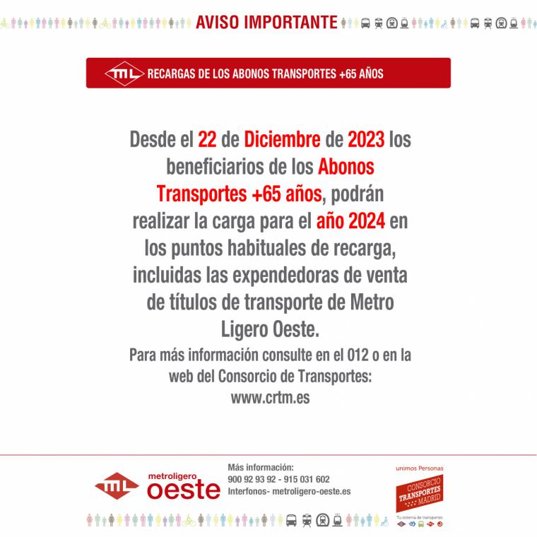 Metro Ligero Oeste inicia la recarga gratuita automática de títulos para los mayores de 65 años