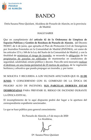 El Ayuntamiento de Pozuelo de Alarcón recuerda que el plazo para realizar el desbroce de parcelas finaliza el 15 de junio