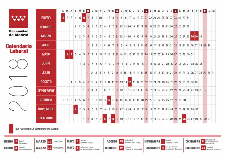 La Comunidad de Madrid aprueba el calendario laboral de 2018, con 12 días festivos