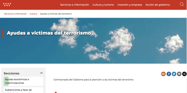 La Comunidad de Madrid crea un espacio web para que las víctimas del terrorismo conozcan las ayudas y recursos a los que pueden acceder