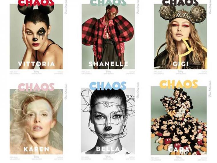 Las modelos Gigi Hadid, Bella Hadid y Karen Elson rinden homenaje a Mickey Mouse en la edición especial de la revista Chaos Magazine