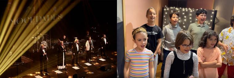 Mocedades en el Teatro Rialto de Madrid. A la derecha, niños cantando 'Eres tú... mamá'. CM-JN / CARGO MUSIC.
