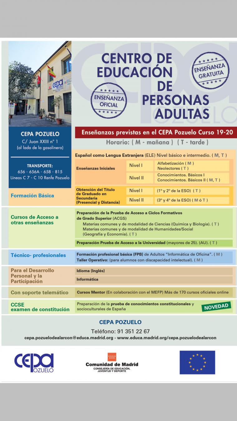 El Centro de Educación de Personas Adultas de Pozuelo de Alarcón, CEPA Pozuelo, continúa el periodo de matrícula para el curso escolar 2019-2020 .