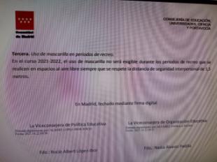 Mascarilla en los recreos: CCOO acusa a Ayuso de “endosar su responsabilidad" al personal educativo