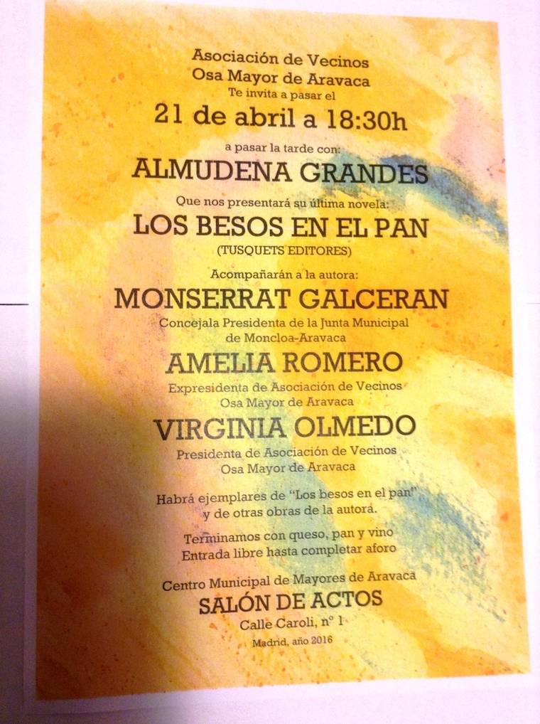La Asociación de Vecinos de Aravaca te invita a pasar la tarde con Almudena Grandes