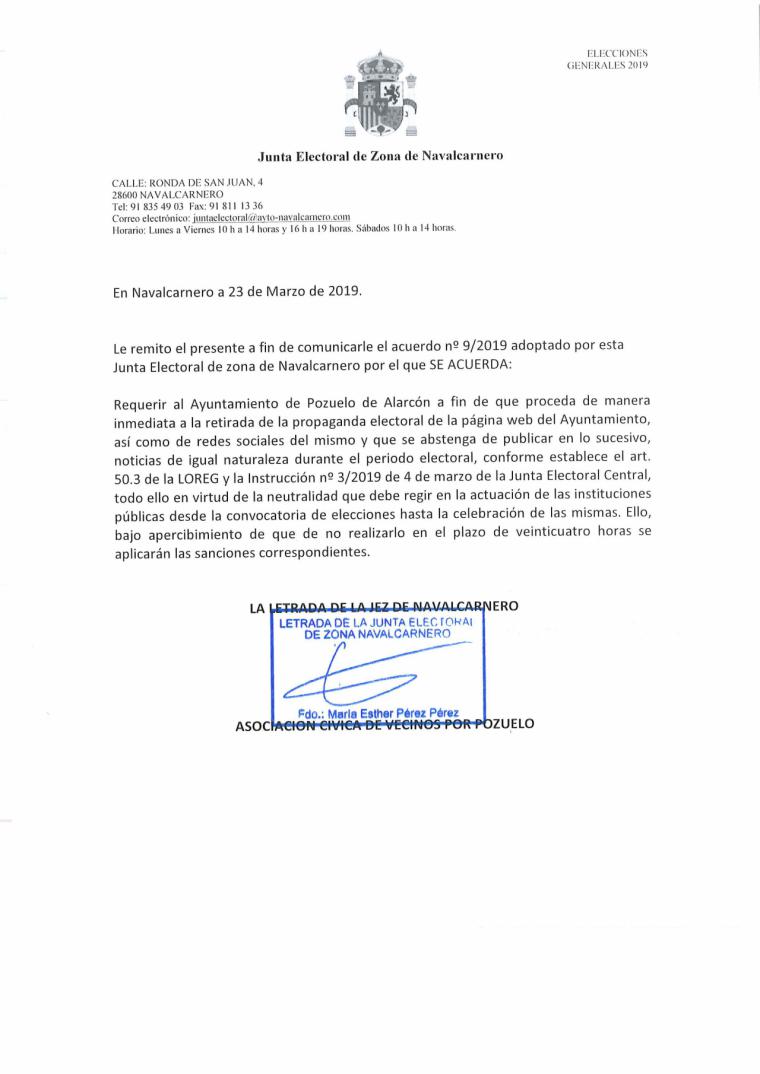 La Junta Electoral da la razón a la Asociación Cívica de Vecinos por Pozuelo frente al Ayuntamiento de Pozuelo de Alarcón