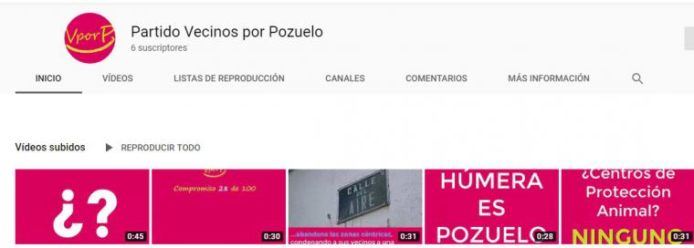 El partido de Vecinos por Pozuelo abre un canal de Youtube con todos sus vídeos de campaña.