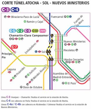 La estación de Sol permanecerá cerrada durante cinco fines de semana por obras de mejora en el túnel de Sol